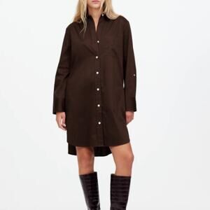 Madewell Dress‎ Womens Y-Neck Relaxed Shirtdress Brown Sateen Size S